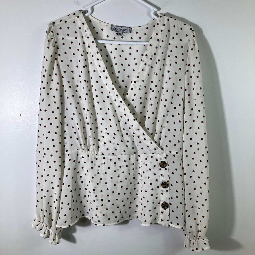 Womens Crave Fame Almost Famous Polka‎ Dot Blouse Cream Brown L
